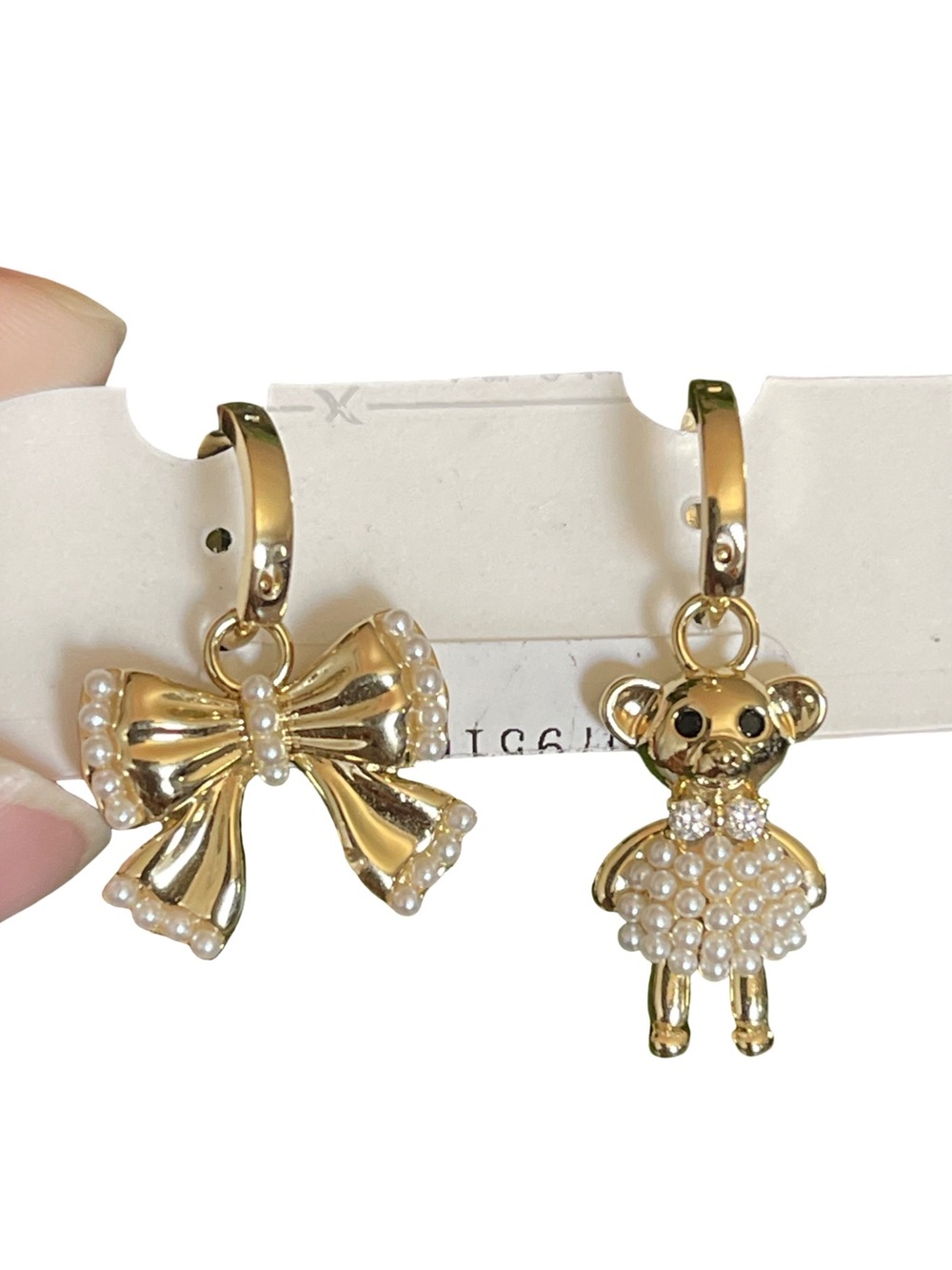 Mismatched Bow and Bear Pearl Charm Earrings
